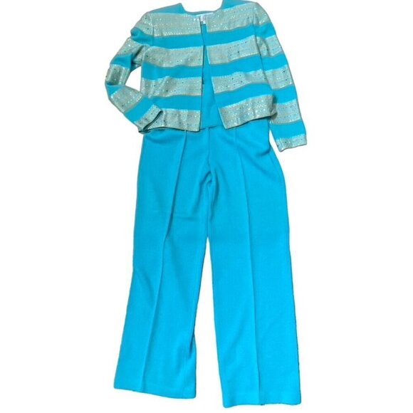 Vintage Y2K St. John Collection Turquoise Sequin Knit Crop Blazer Pants Set Size - Picture 2 of 16
